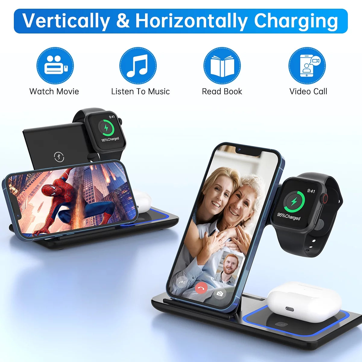 Wireless Charger, 18W Fast Iphone Charging Station for Iphone 16/15/14/13/12 /11/Pro Max/Plus, 3 in 1 Wireless Charging Stand for Iwatch Series SE 10/9/8/7/6/5/4/3, Airpods Pro/3/2 (W/ QC3.0 Adapter)